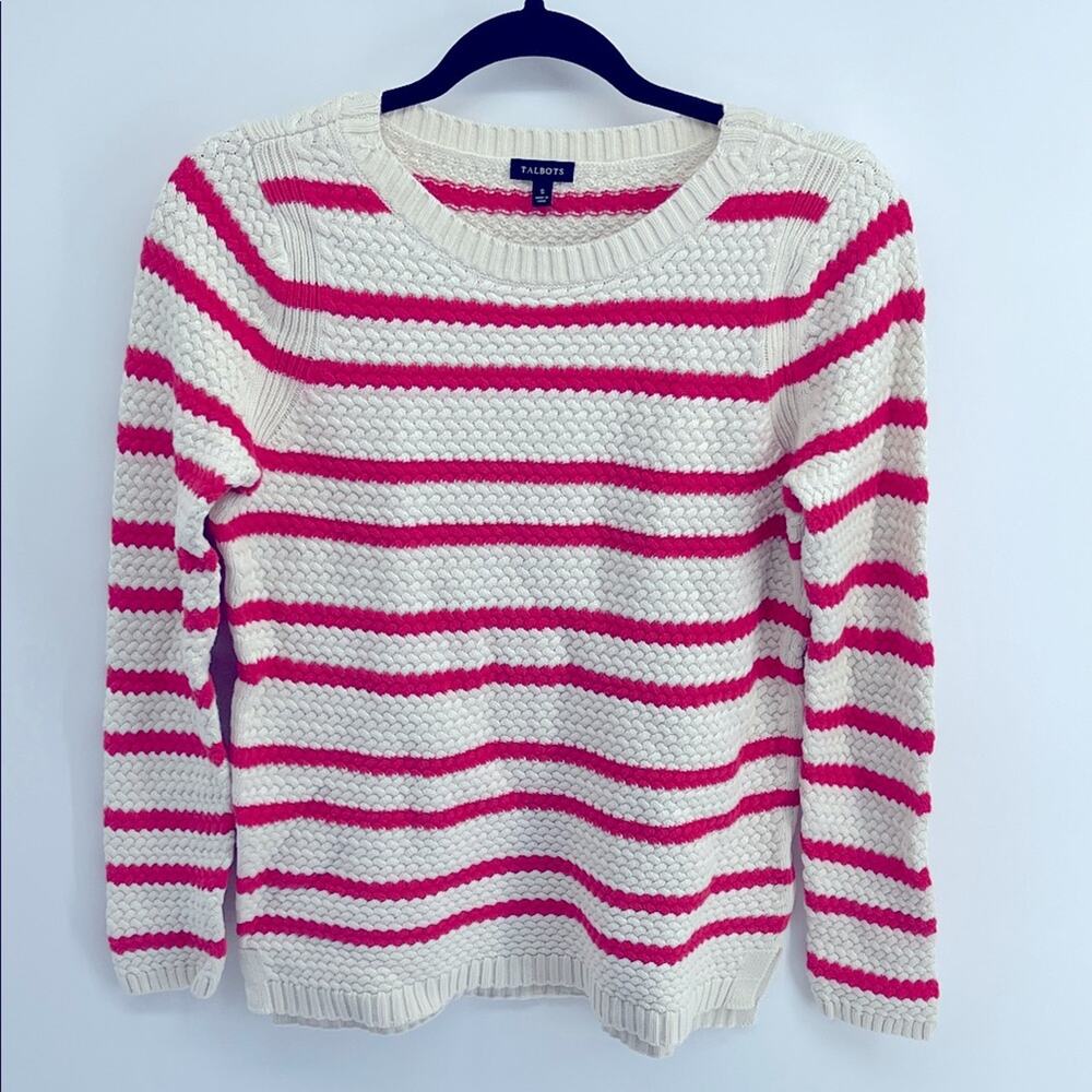 Talbots cotton blend basket weave knit nautical striped wide neck sweater sz S